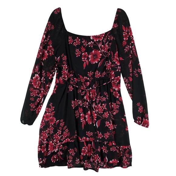 I.N. San Francisco Sz XL Black Red Floral Sheer Fairy Goth Babydoll Midi Dress - Picture 3 of 6